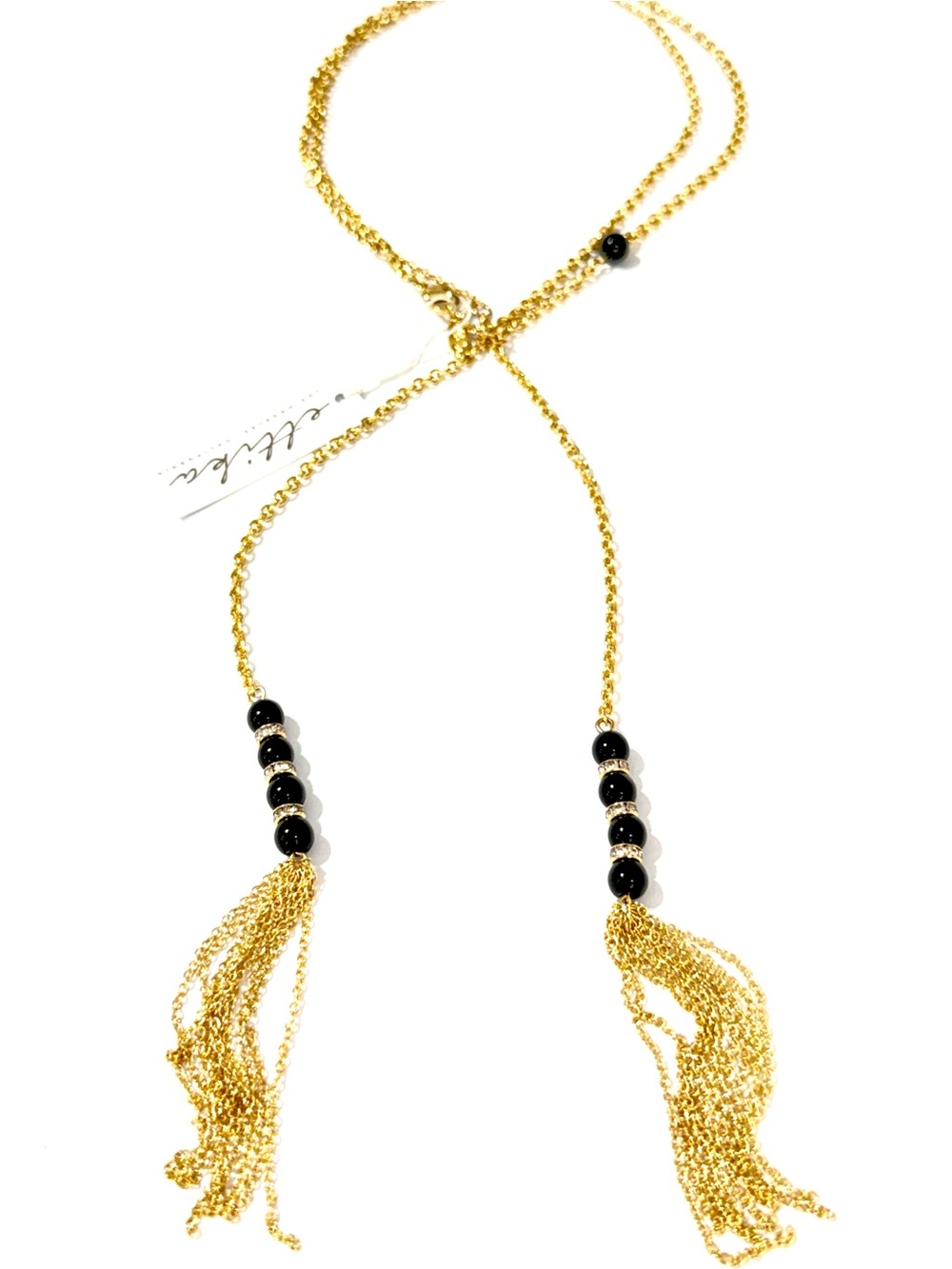Ettika Gold Long Chain Convertible Black Bead Tassel Necklace | NWT